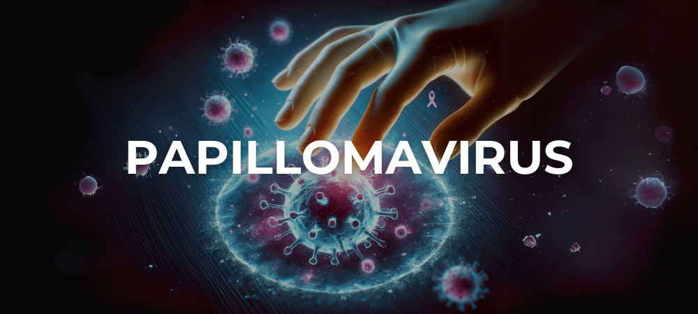 Illustration conceptuelle montrant une main touchant une surface potentiellement contaminée par le papillomavirus humain (HPV), avec des particules lumineuses symbolisant le virus.