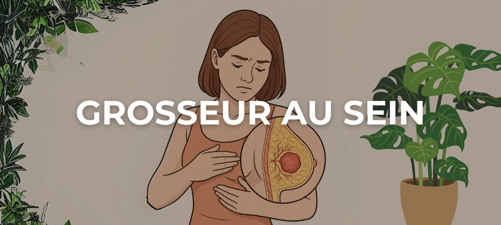 Illustration médicale d'une femme inspectant une grosseur au sein avec une vue en coupe montrant un nodule dans le tissu mammaire, symbolisant les différentes causes possibles comme un kyste, une tumeur ou une boule de graisse.