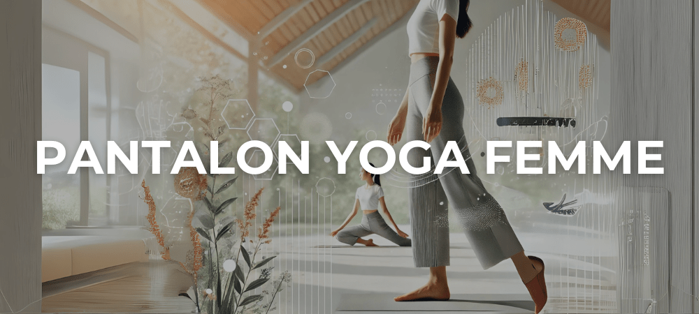 Femme pratiquant le yoga dans un studio lumineux, portant un pantalon de yoga confortable et bien ajusté, mettant en avant le bien-être et la flexibilité.
