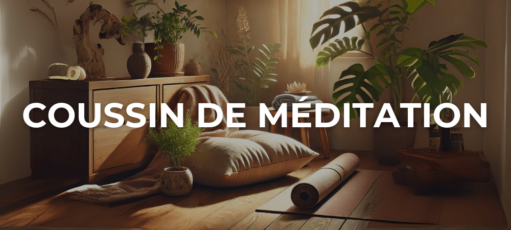 Espace de méditation avec un coussin de méditation posé sur un sol en bois, entouré de plantes d'intérieur et baigné d'une lumière naturelle apaisante.