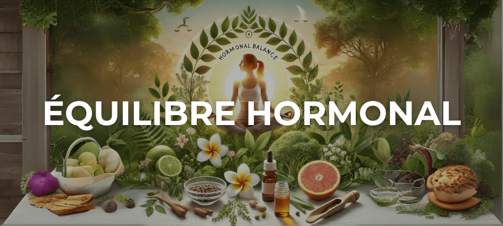 Femme pratiquant le yoga au lever du soleil dans un cadre naturel, entourée de fruits, de plantes et d’huiles essentielles, symbolisant l’équilibre hormonal naturel.