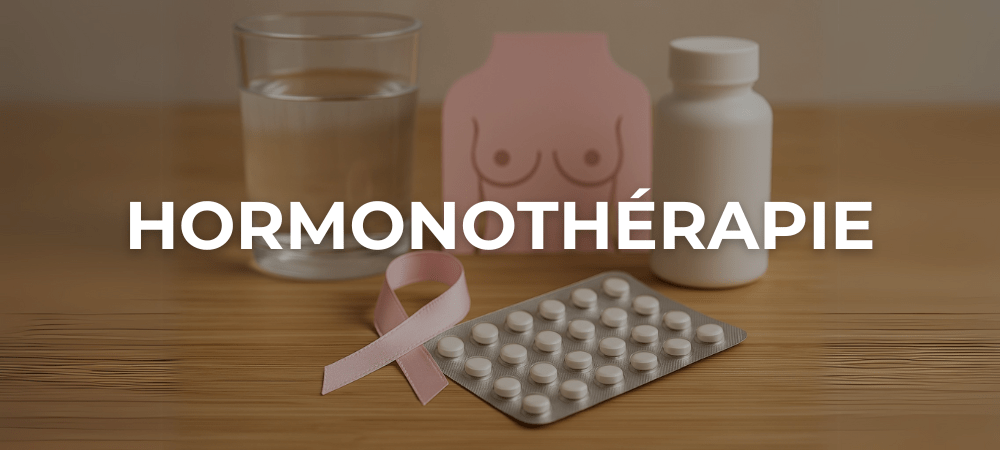 Pilules d’hormonothérapie sur une surface en bois avec un ruban rose et un verre d’eau, symbolisant le traitement du cancer du sein.