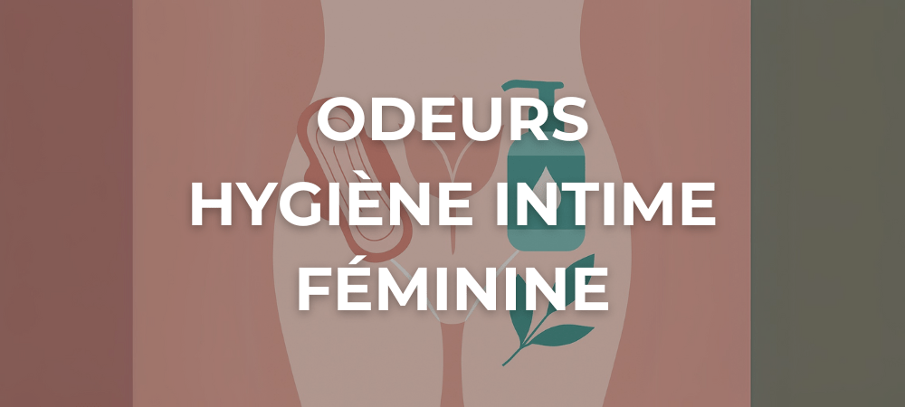 Illustration symbolique de l’hygiène intime féminine avec une fleur, des feuilles, une bouteille de soin et une silhouette féminine stylisée.