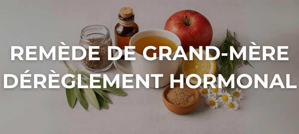Remèdes naturels contre le dérèglement hormonal incluant tisane, graines de lin, sauge, camomille, citron et pomme sur une table claire
