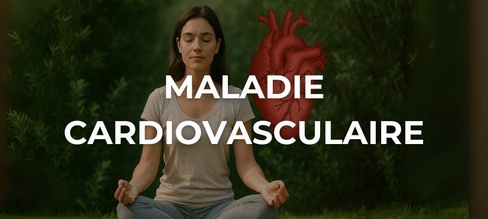 Femme méditant en pleine nature avec un cœur anatomique en arrière-plan, symbolisant la prévention des maladies cardiovasculaires
