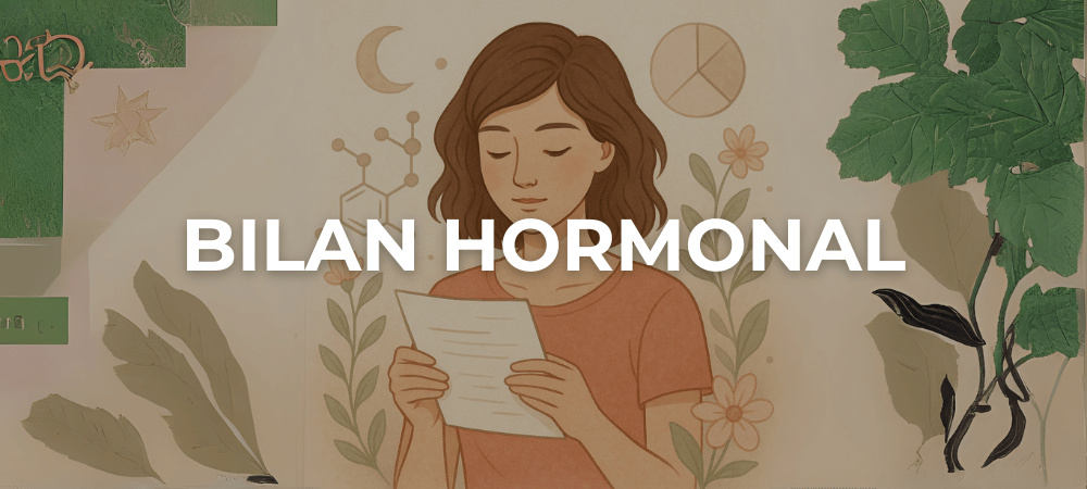 Illustration d'une femme prenant soin de sa santé hormonale avec des éléments scientifiques en arrière-plan.