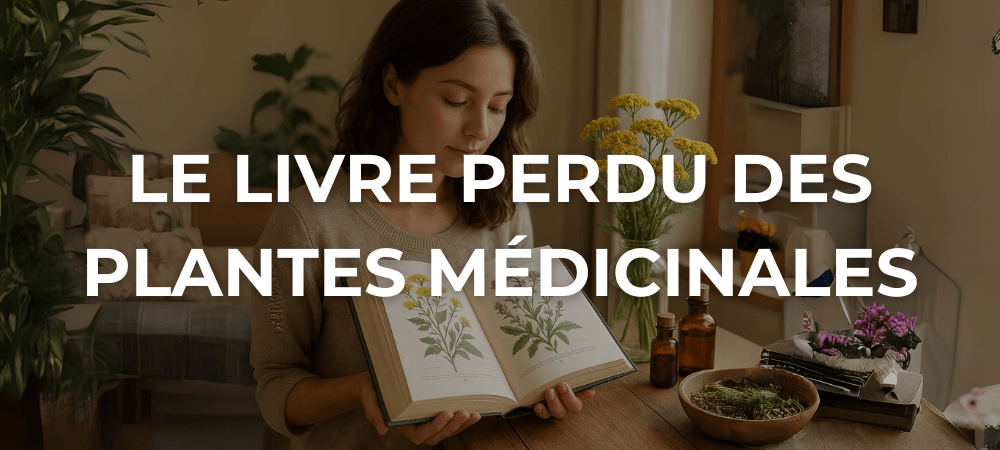 Jeune femme consultant Le livre perdu des plantes médicinales, entourée de fleurs de millefeuille et de remèdes naturels sur une table en bois