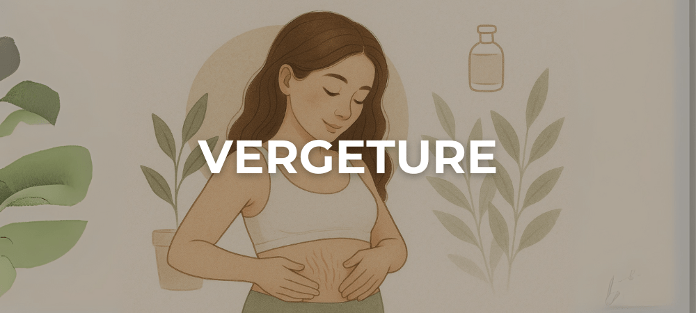 Illustration d’une femme observant ses vergetures abdominales avec douceur, dans un cadre naturel et apaisant