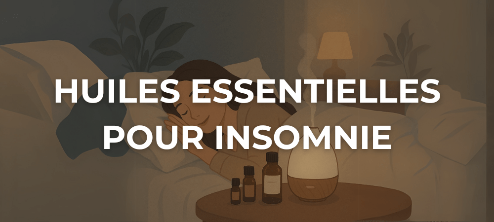Femme allongée dans un lit paisible, entourée de flacons d’huiles essentielles et d’un diffuseur allumé