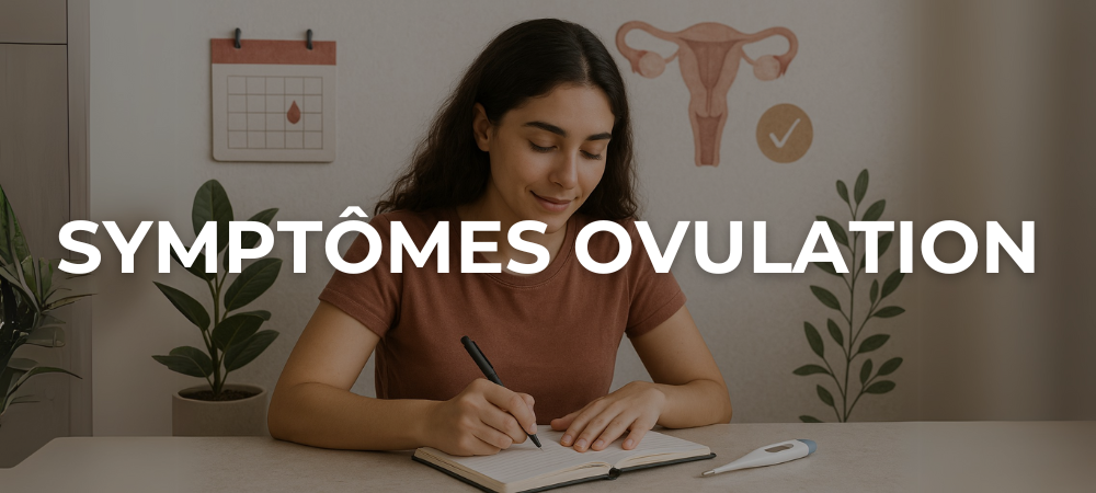 Jeune femme assise à une table, notant son cycle menstruel dans un carnet avec un thermomètre et un calendrier en arrière-plan
