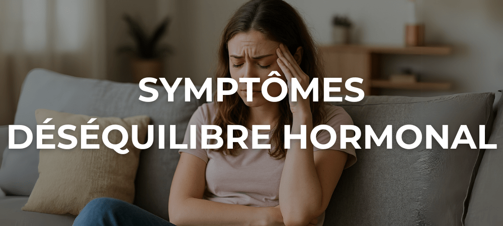 Femme jeune assise sur un canapé, le visage crispé, une main sur la tempe, manifestant des signes de fatigue et de stress liés à un déséquilibre hormonal.