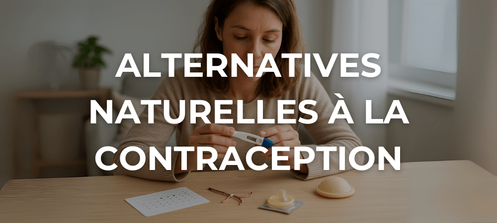 Femme observant un thermomètre basal entourée de méthodes de contraception naturelles sur une table en bois.
