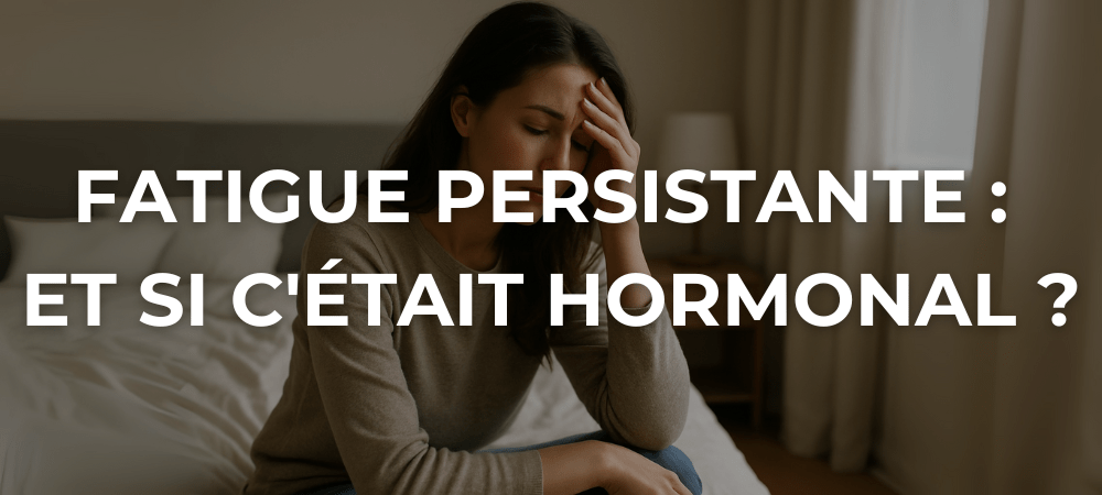 Femme fatiguée assise au bord de son lit, la main sur le front, dans une chambre lumineuse et calme.