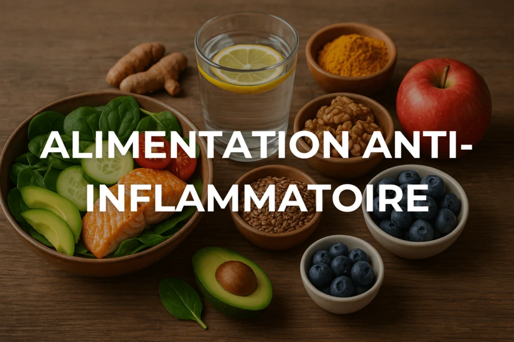 Assiette anti-inflammatoire composée de saumon, avocat, épinards, noix, myrtilles et graines de lin sur une table en bois.